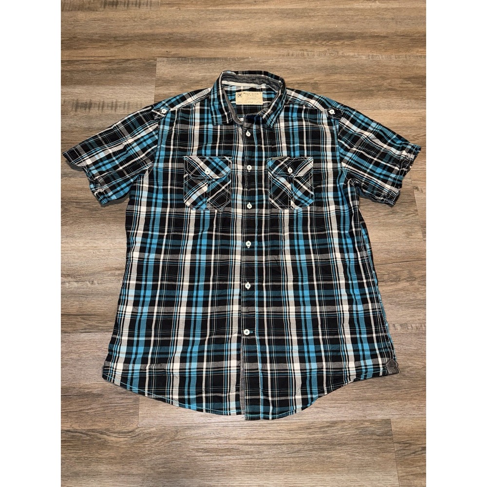Marc Ecko Shirt Mens Large Cut and Sew Short Sleeve Button Front Plaid Y2K VTG